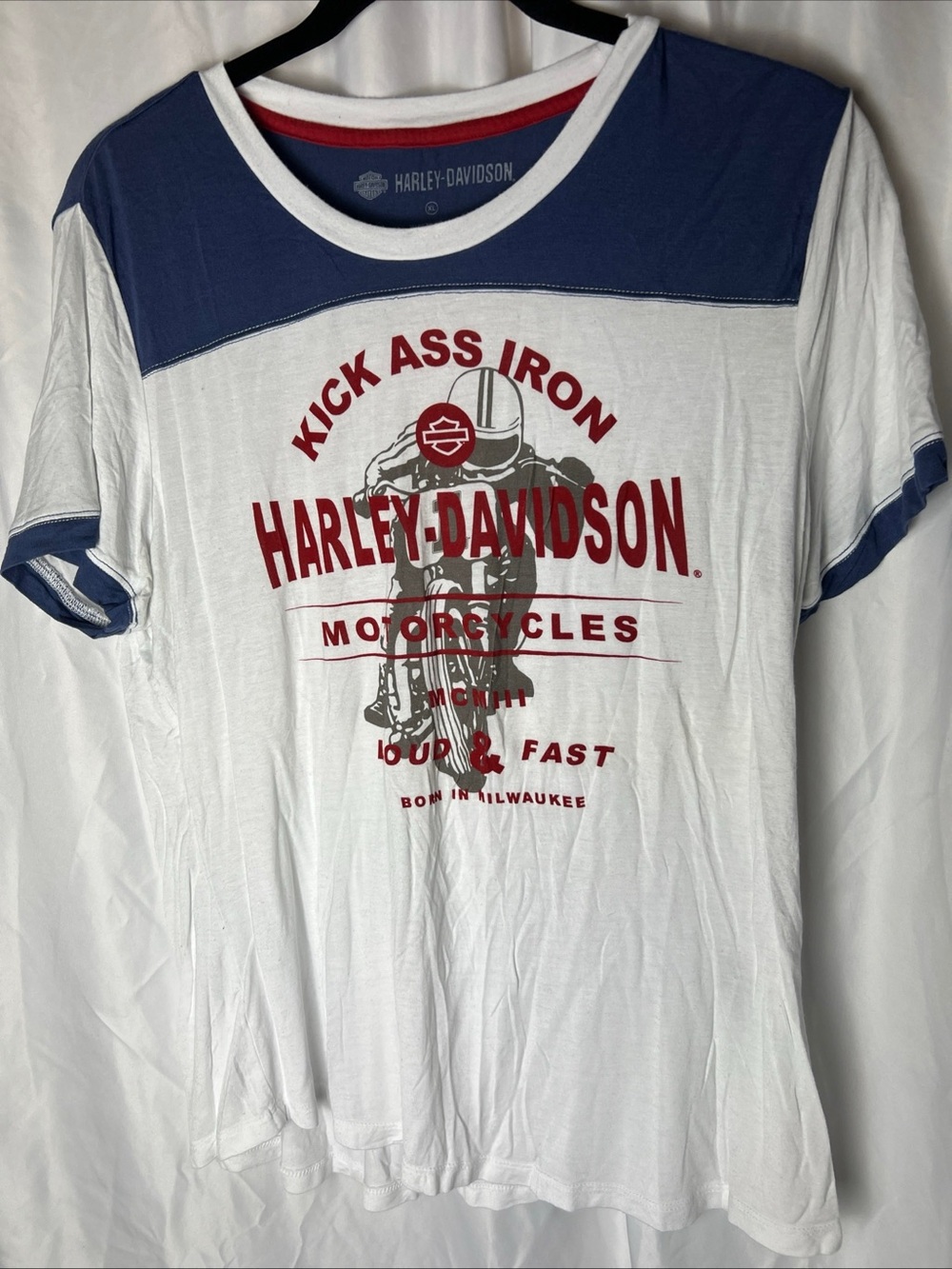 Harley-Davidson womens White & Navy Graphic Tee - Kick Ass Iron